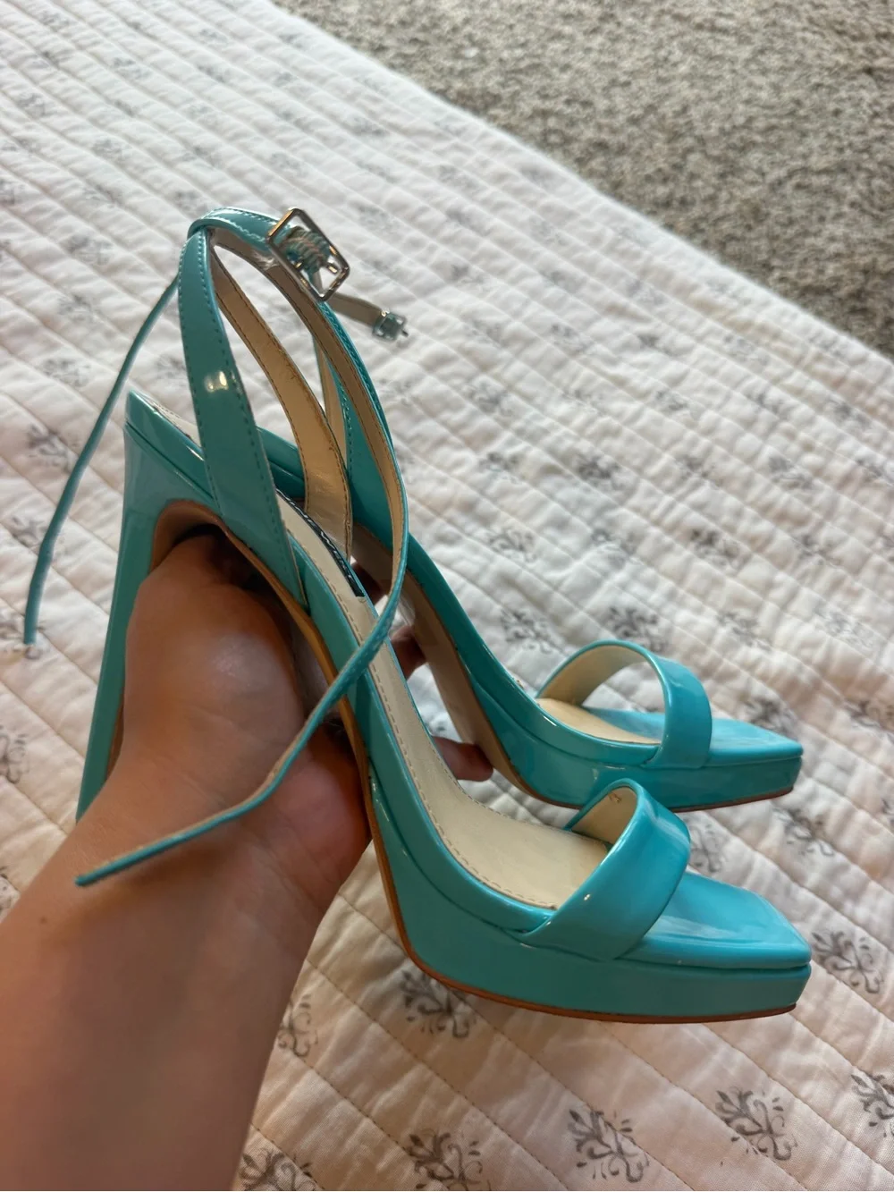 Nine West Sadie3 Turquoise Blue Patent Platform Heels Size 7 Strappy Sandals